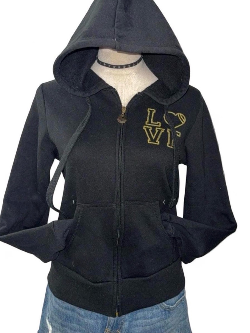 Southpole Y2K Black Zip-Up Hoodie with Gold LOVE Accent